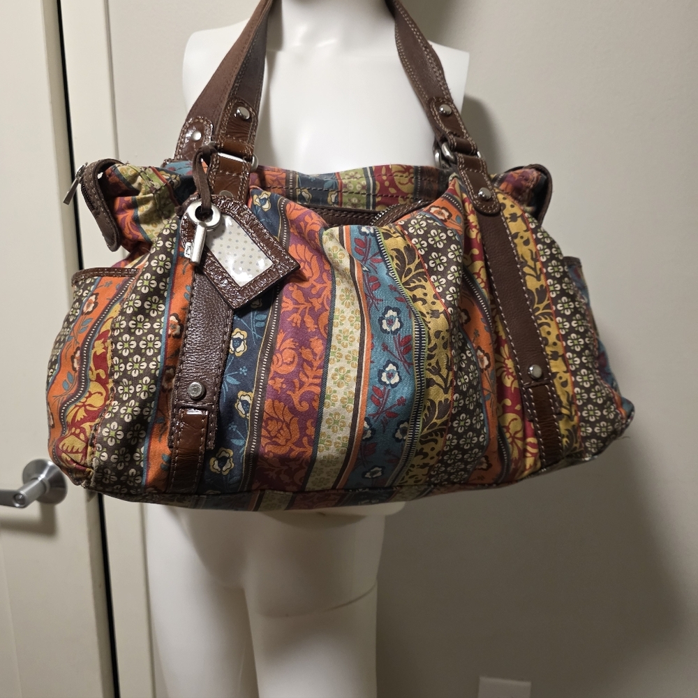 Multicolor Patterned Shoulder Bag with Brown Trim, Large Fossil bag
